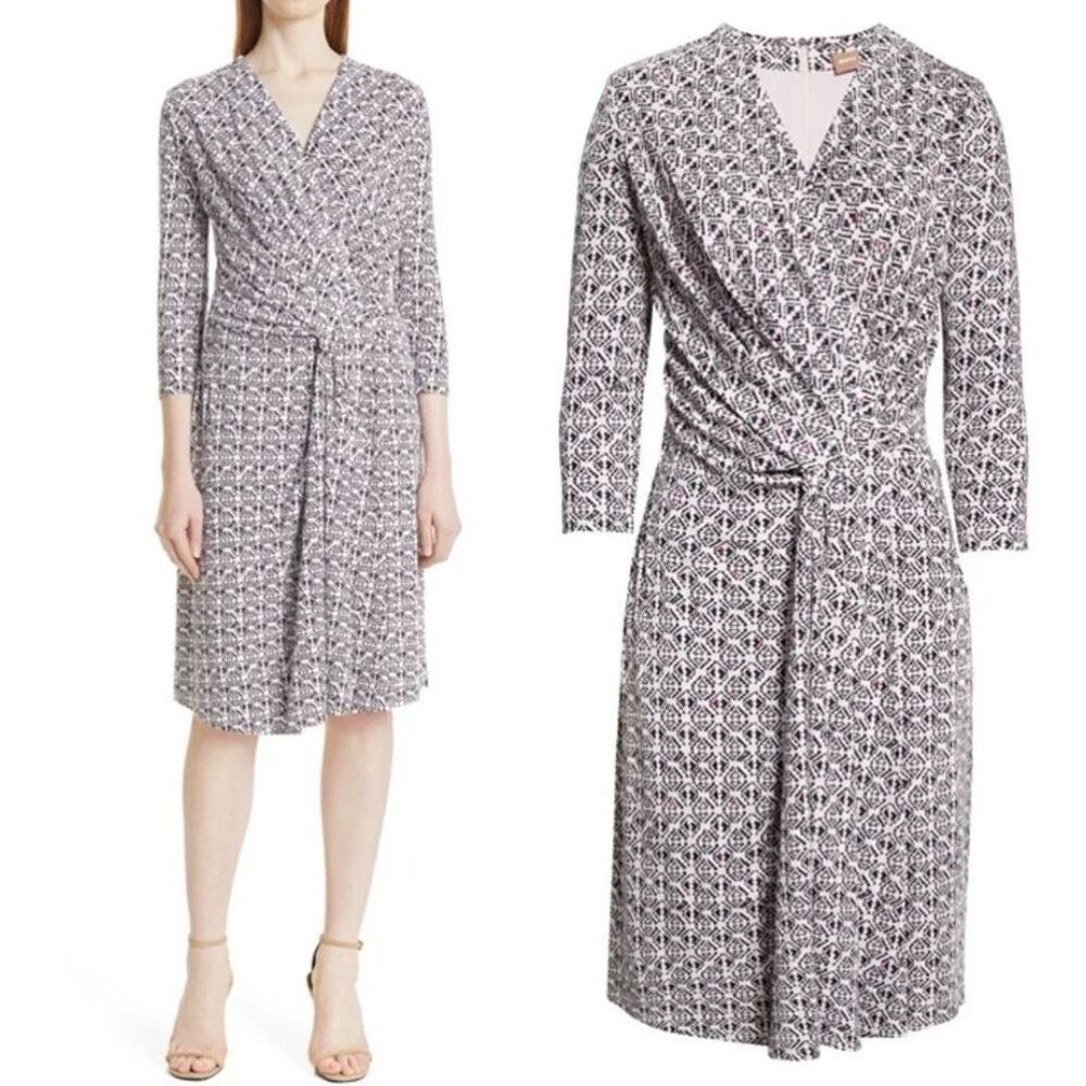 NEW Hugo Boss Exandria geometric print V Neck midi Dress Size M Cradle Pink Fant